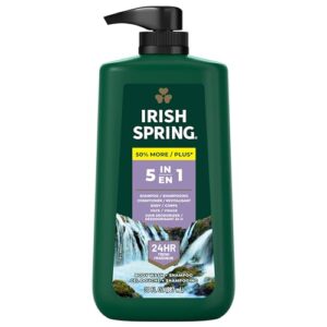 irish spring 5 in 1 body wash for men, men's body wash, smell fresh and clean for 24 hours, conditions and cleans body, face, and hair, made with biodegradable ingredients, 30 oz pump