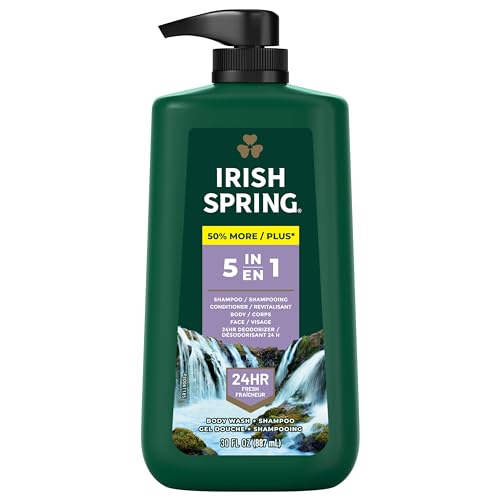 Irish Spring 5 in 1 Body Wash for Men, Men's Body Wash, Smell Fresh and Clean for 24 Hours, Conditions and Cleans Body, Face, and Hair, Made with Biodegradable Ingredients, 30 Oz Pump