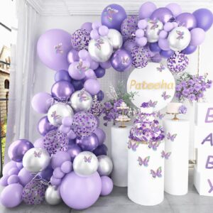 pateeha baby shower decorations for girl 140 pcs purple balloon garland kit lavender metallic purple silver balloon arch 12 pcs butterfly stickers for wedding birthday party decorations