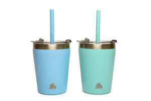 elefant kids & toddler cups (set of 2), stackable stainless steel insulated tumblers with bpa free leak proof lids and reusable silicone straws, elegant, powder coated (blue + turquoise)