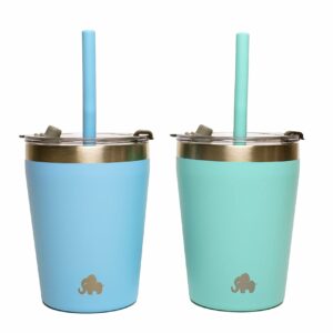 ELEFANT Kids & Toddler Cups (SET of 2), Stackable Stainless Steel Insulated Tumblers with BPA FREE Leak Proof Lids and Reusable Silicone Straws, Elegant, Powder Coated (BLUE + TURQUOISE)
