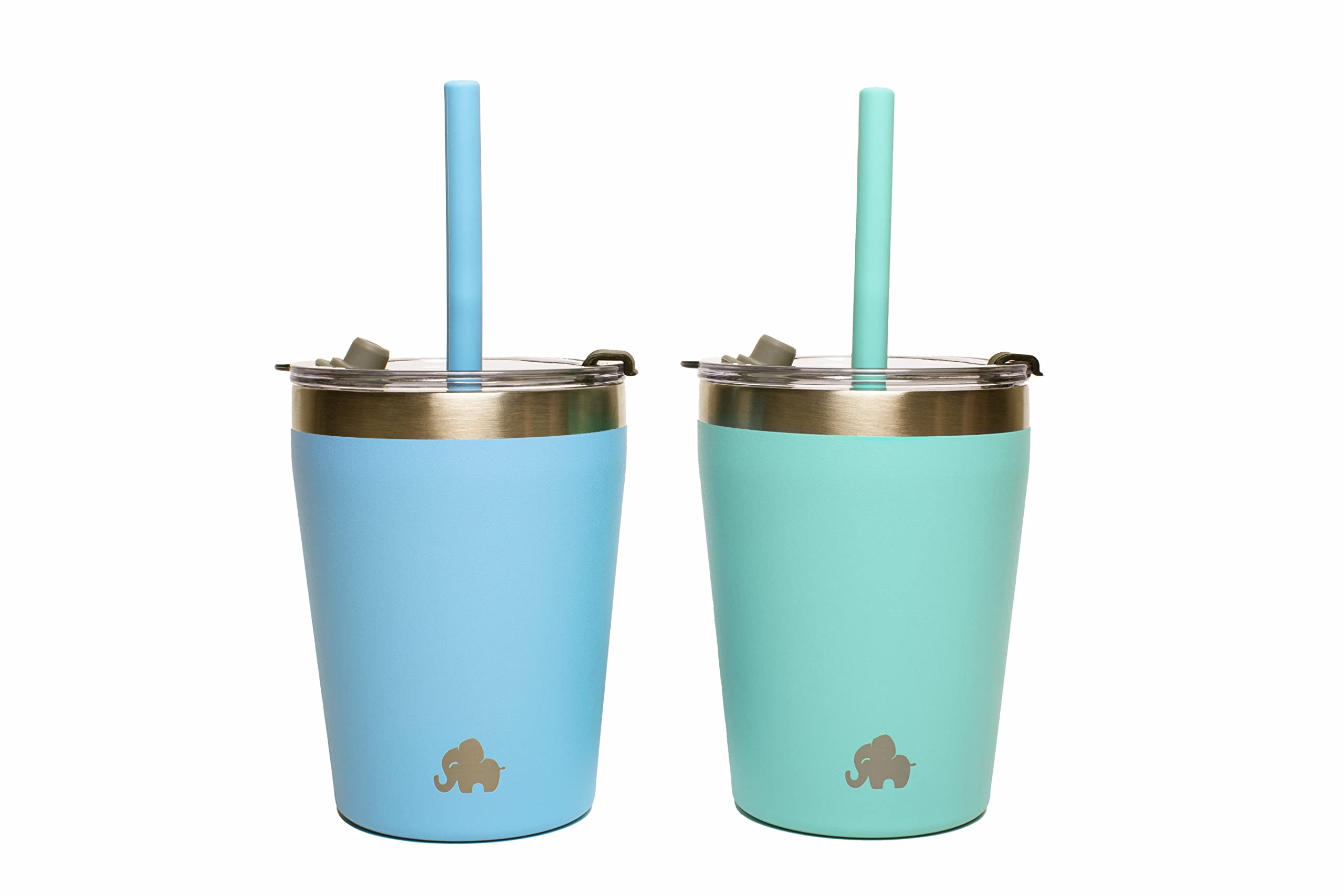 ELEFANT Kids & Toddler Cups (SET of 2), Stackable Stainless Steel Insulated Tumblers with BPA FREE Leak Proof Lids and Reusable Silicone Straws, Elegant, Powder Coated (BLUE + TURQUOISE)