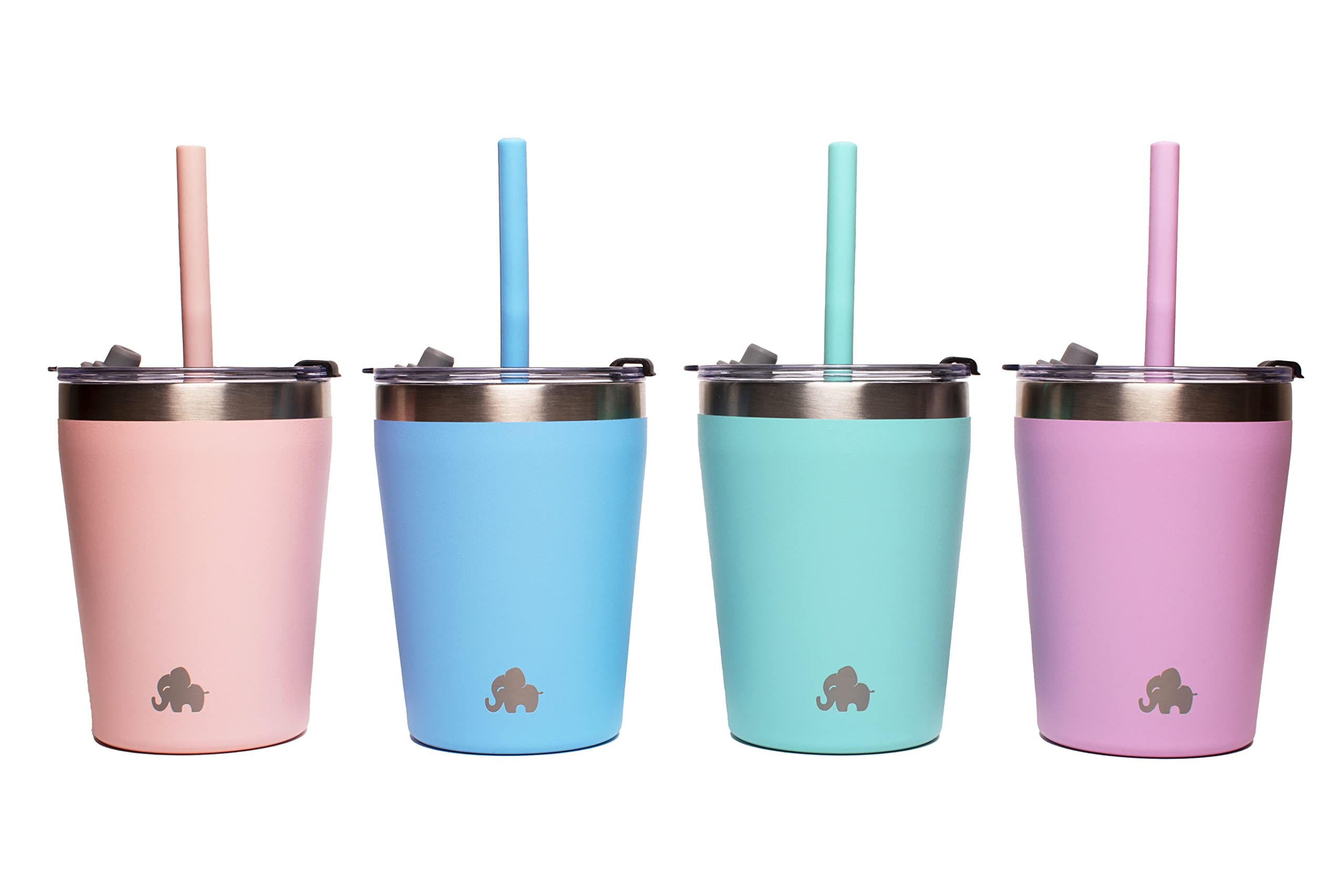 ELEFANT Kids & Toddler Cups (SET of 2), Stackable Stainless Steel Insulated Tumblers with BPA FREE Leak Proof Lids and Reusable Silicone Straws, Elegant, Powder Coated (BLUE + TURQUOISE)