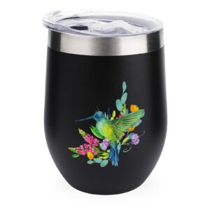 hon-lally hummingbird flower pattern 12 oz stainless steel wine tumbler with lid mug cup double wall for coffee, cocktail, drink, tea and beer - black-style