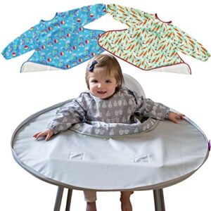tidy tot- bib & tray kit baby feeding set - 3 mess proof long sleeve smocks attaches to feeding mat - waterproof bibs – machine washable. fits babies and toddlers 6-24 months.