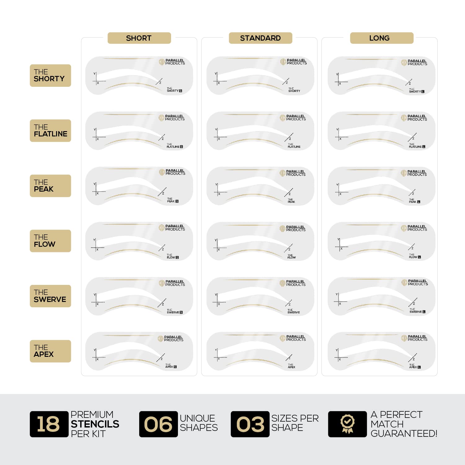 Parallel Products - Eyebrow Stencils - The Complete Reusable Brow Stencil Shaper Kit (18 Count) - Only Stencils - Brow Stamp Not Included