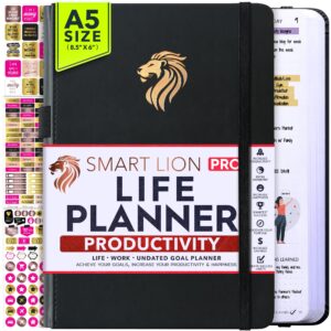 life & work planner - 12 month goal planner, productivity planner to increase happiness, daily, weekly planner & monthly planner, gratitude journal, undated planner, a5 size - horizontal planner