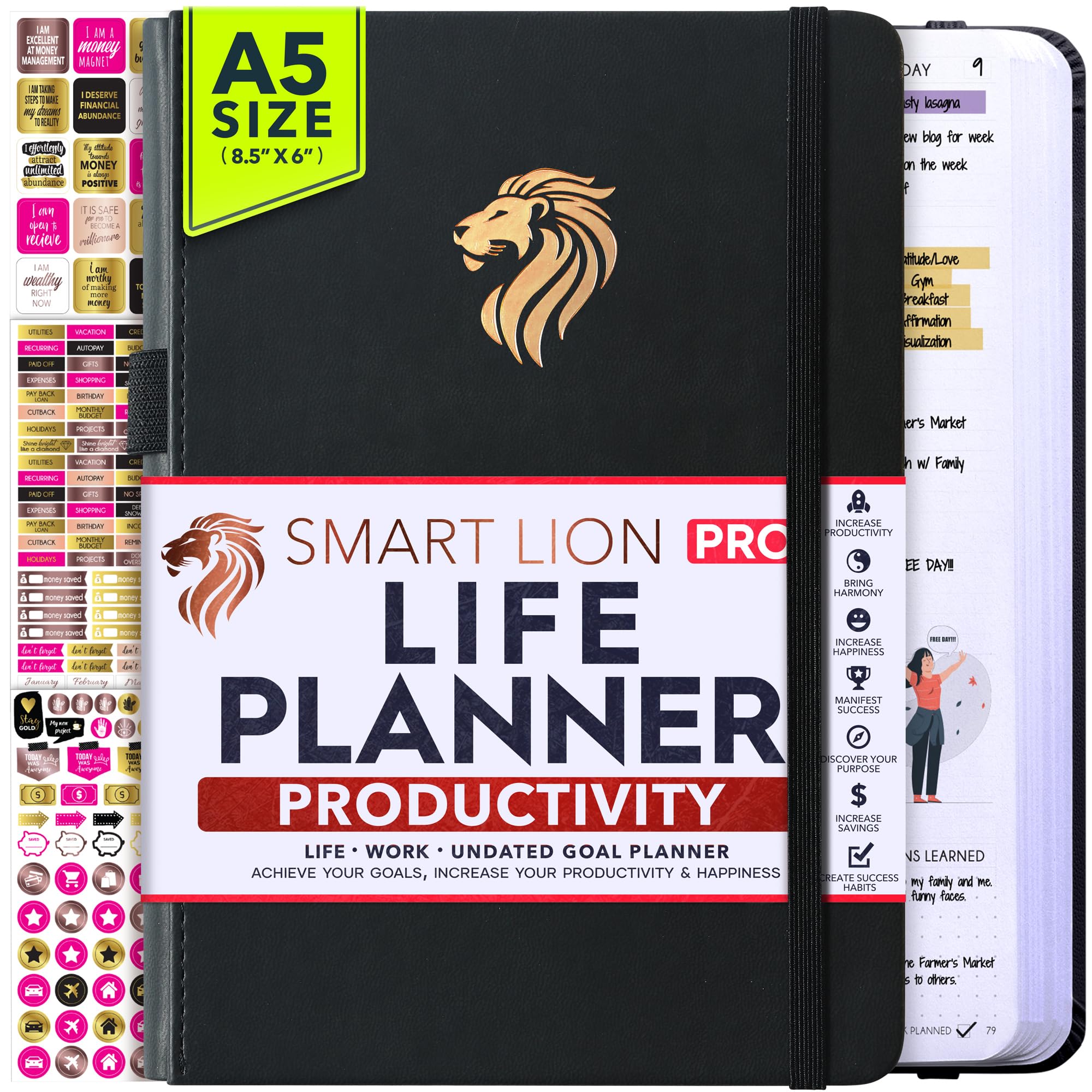 Life & Work Planner - 12 Month Goal Planner, Productivity Planner to Increase Happiness, Daily, Weekly Planner & Monthly Planner, Gratitude Journal, Undated Planner, A5 Size - Horizontal Planner