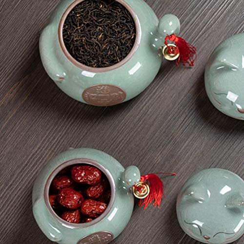 FOMIYES Ceramic Tea Jar Storage Jars Maneki Shaped Porcelain Tea Tin Tea Canister Storage Can with Lids Jewlry Dish Tray Lucky Cat Figurine for Cosmetic Makeup Spice Loose Tea