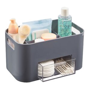 stori bliss 4-compartment plastic vanity organizer with small accessory drawer in grey | rectangular makeup, skincare, & cosmetic storage bin with pass-through handles | made in usa