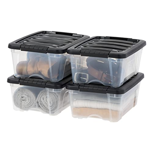 IRIS USA 12 Quart Stackable Plastic Storage Bins with Lids and Latching Buckles, 4 Pack - Clear/Black, Containers with Lids and Latches, Durable Nestable Closet, Garage, Totes, Tubs Boxes Organizing