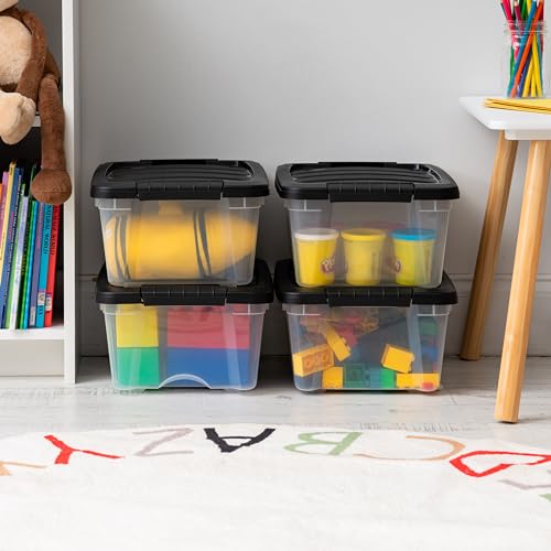 IRIS USA 12 Quart Stackable Plastic Storage Bins with Lids and Latching Buckles, 4 Pack - Clear/Black, Containers with Lids and Latches, Durable Nestable Closet, Garage, Totes, Tubs Boxes Organizing