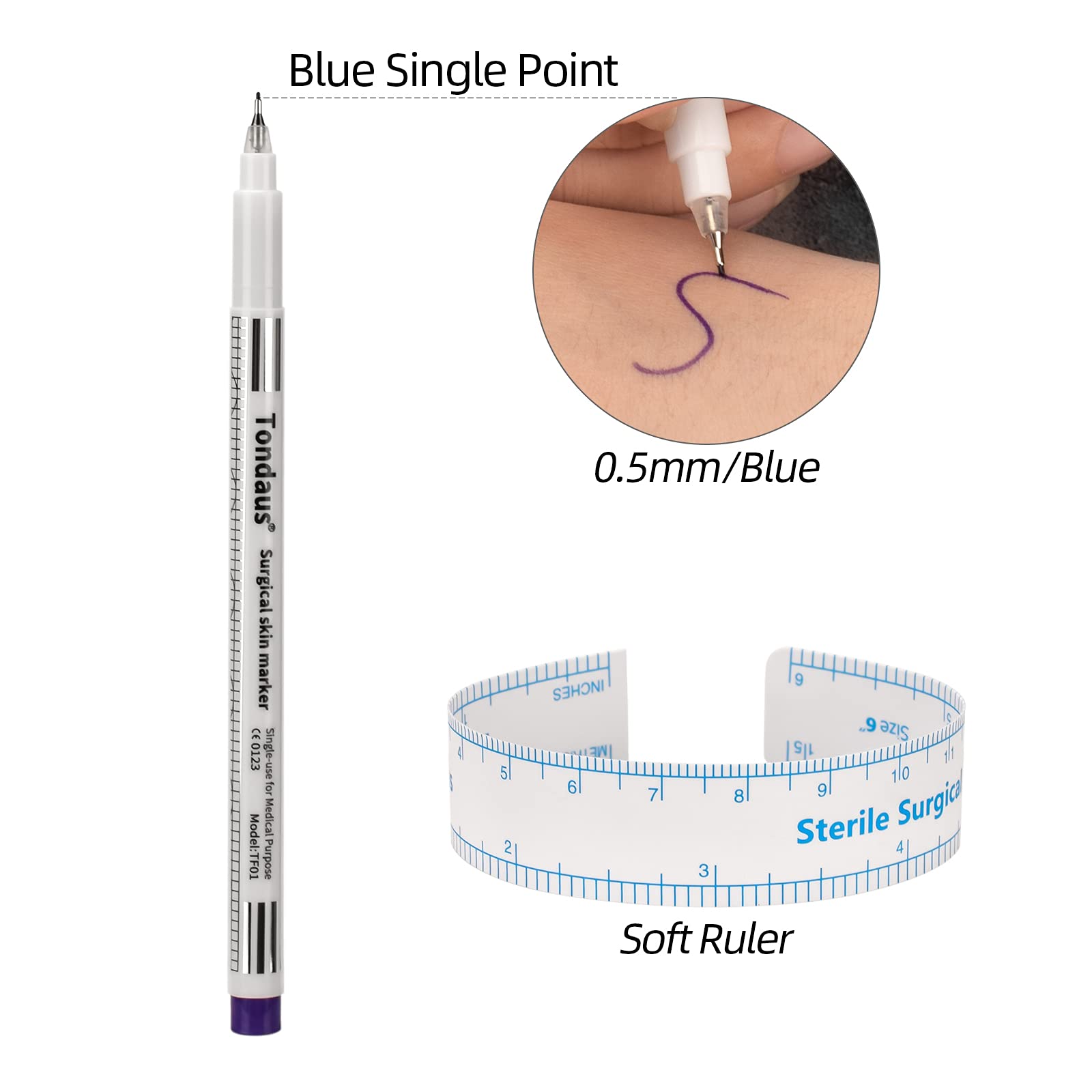 JimKing Surgical Skin Marker Pen, Professional Sterile Stencil Marker Pen with Paper Ruler for Microblading, Waterproof Disposable Marker for Skin, Eyebrow, 0.5mm+0.1mm Head