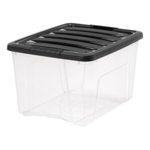 iris usa 40 quart stackable plastic storage bins with lids and latching buckles, 4 pack - clear/black, containers with lids and latches, durable nestable closet, garage, totes, tubs boxes organizing