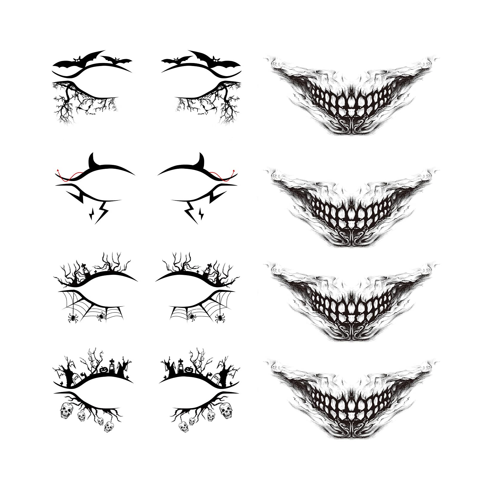 4 Pairs Halloween Eye Shadow Stickers and Skeleton Mouth Temporary Tattoo, Spider Web Skull Bat Eyeliner Decals Ghost Teeth Face Makeup Stickers for Women Girls