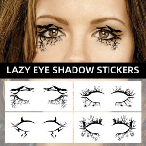 4 Pairs Halloween Eye Shadow Stickers and Skeleton Mouth Temporary Tattoo, Spider Web Skull Bat Eyeliner Decals Ghost Teeth Face Makeup Stickers for Women Girls
