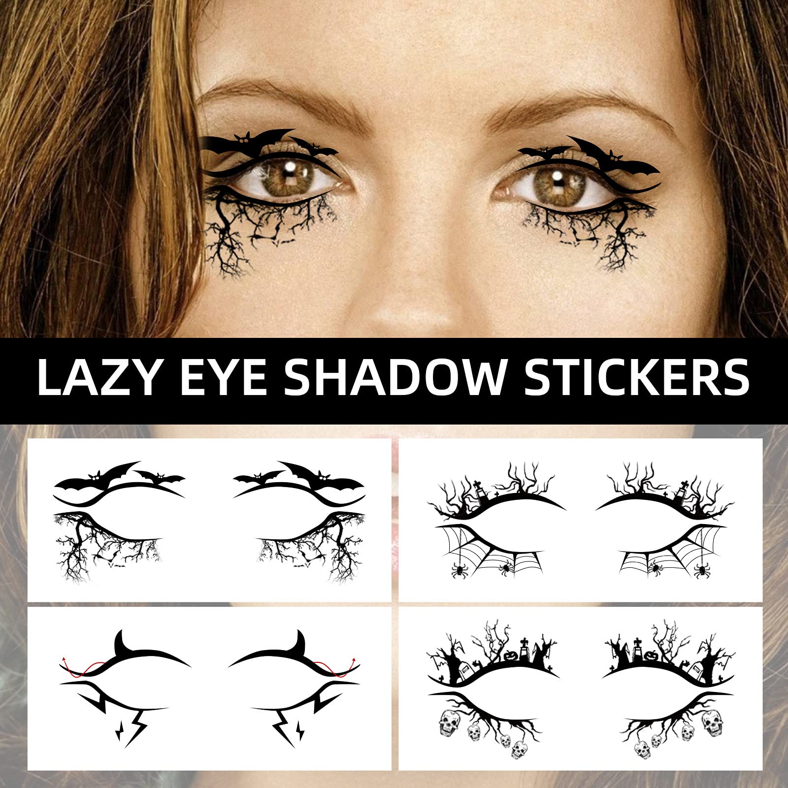 4 Pairs Halloween Eye Shadow Stickers and Skeleton Mouth Temporary Tattoo, Spider Web Skull Bat Eyeliner Decals Ghost Teeth Face Makeup Stickers for Women Girls