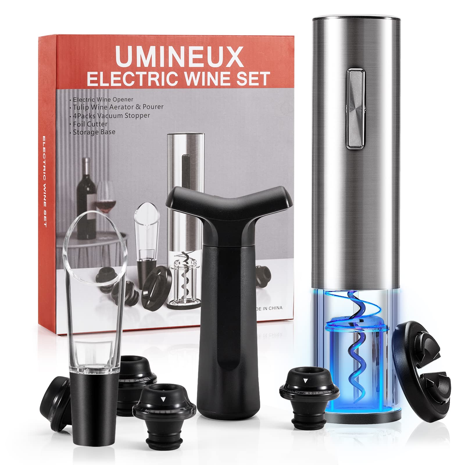 Electric Wine Bottle Opener Set with Foil Cutter Vacuum Stopper Wine Aerator Pourer and manual vacuum pump, 5 in 1 Automatic Wine Opener Gift Set for Wine Lover