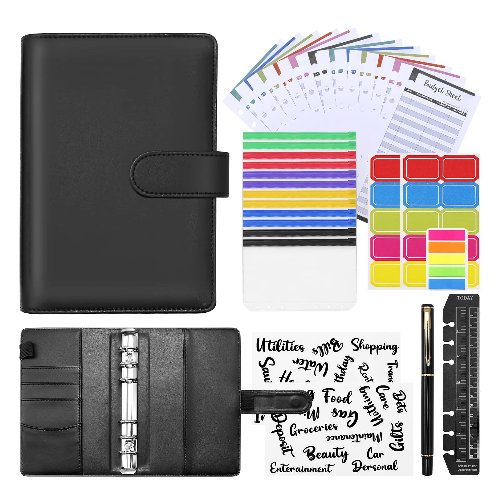 Money Organizer for Cash ,A6 Budget Binder With Zipper Envelopes for Budgeting PU Leather Notebook Binder with 12 PCS Expense Budget Sheets Complete Money Planner Organizer Set.