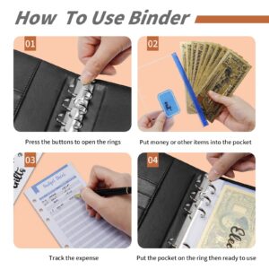 Money Organizer for Cash ,A6 Budget Binder With Zipper Envelopes for Budgeting PU Leather Notebook Binder with 12 PCS Expense Budget Sheets Complete Money Planner Organizer Set.