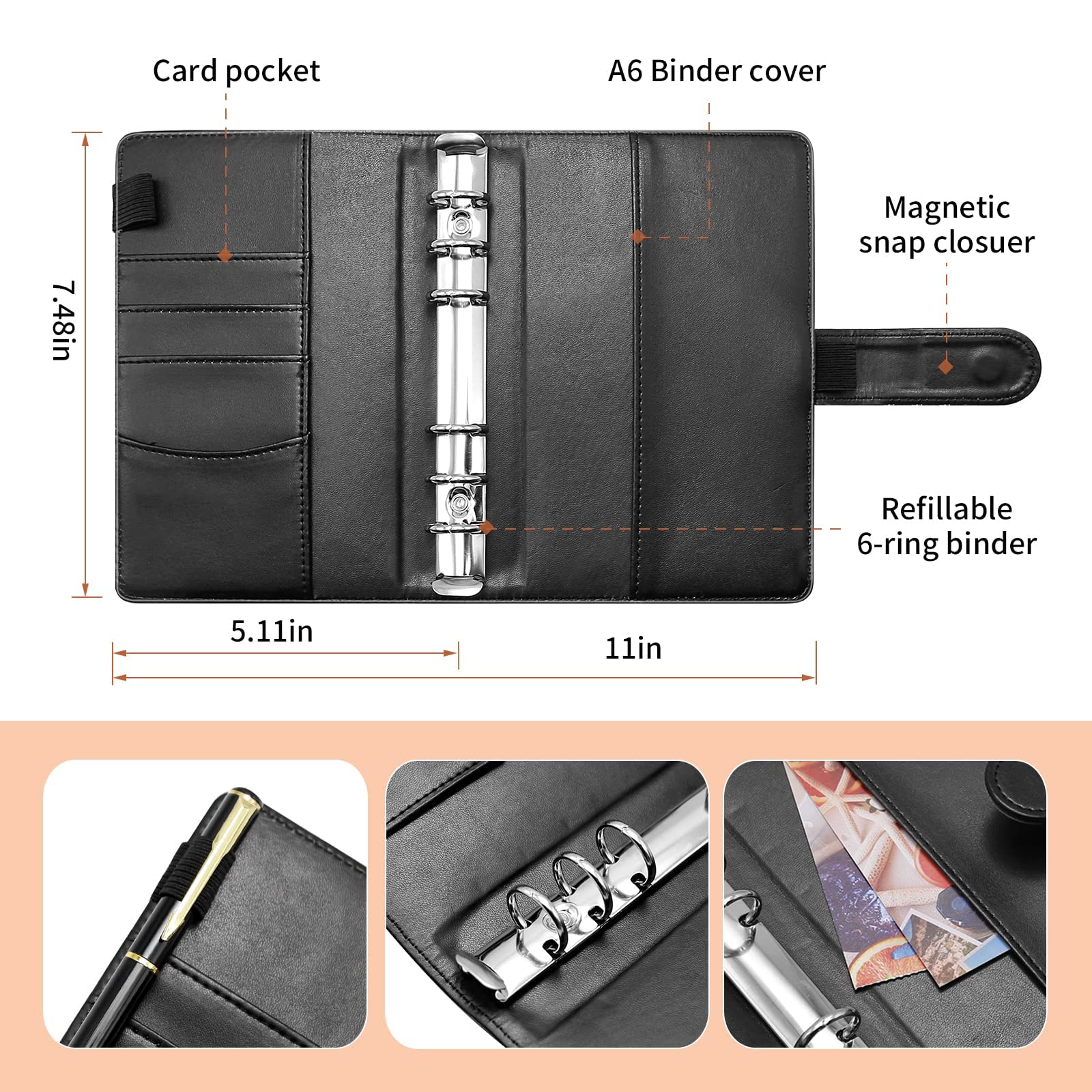 Money Organizer for Cash ,A6 Budget Binder With Zipper Envelopes for Budgeting PU Leather Notebook Binder with 12 PCS Expense Budget Sheets Complete Money Planner Organizer Set.