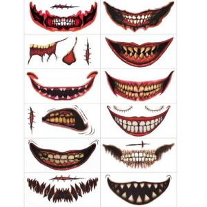febud 12pcs halloween clown horror mouth tattoo stickers temporary tattoos face decals prank props for halloween cosplay party decorations