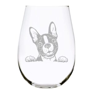 boston terrier themed dog stemless wine glass, 17 oz.