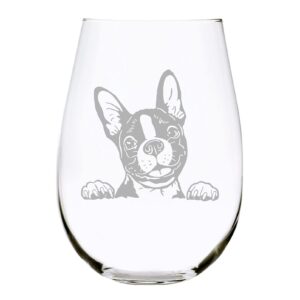 Boston Terrier themed dog stemless wine glass, 17 oz.