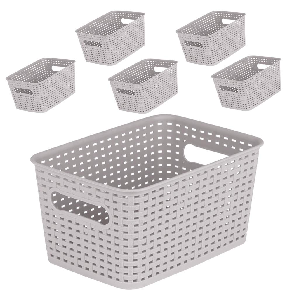 MBKO Plastic Storage Basket - Kitchen Office Pantry Organizer Bins (Small-6PK, Grey)