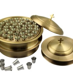 Communion Ware 2 Holy Wine Serving Trays with A Lid & 2 Stacking Bread Plates with A Lid + 80 Cups - Stainless Steel (Brass/Gold)