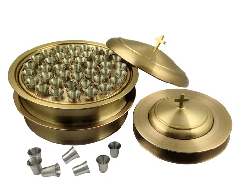 Communion Ware 2 Holy Wine Serving Trays with A Lid & 2 Stacking Bread Plates with A Lid + 80 Cups - Stainless Steel (Brass/Gold)