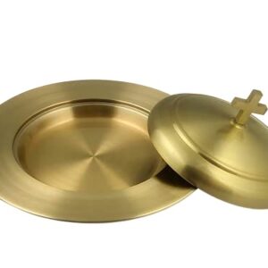 Communion Ware 2 Holy Wine Serving Trays with A Lid & 2 Stacking Bread Plates with A Lid + 80 Cups - Stainless Steel (Brass/Gold)