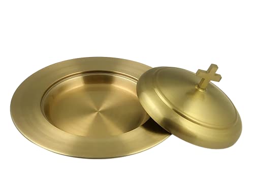 Communion Ware 2 Holy Wine Serving Trays with A Lid & 2 Stacking Bread Plates with A Lid + 80 Cups - Stainless Steel (Brass/Gold)