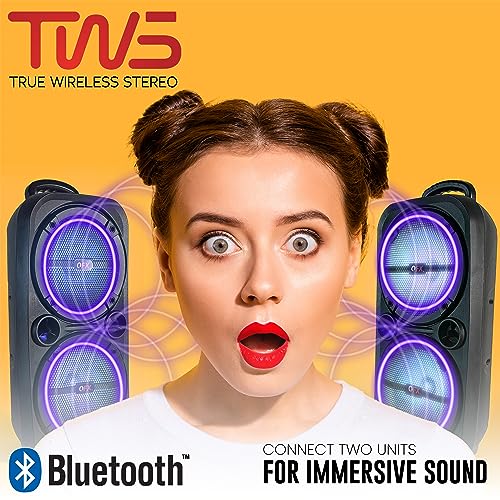 QFX PBX-8008SM TWS Bluetooth 8” Woofers Rechargeable Portable Speakers with AC Adapter and Microphone,Black