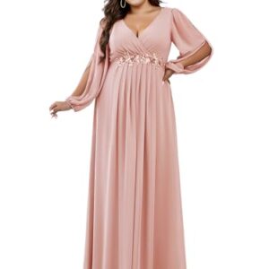 Ever-Pretty Plus Women's Plus Size A-line Long Slit Sleeves Bidesmaid Dress for Wedding Pink US26