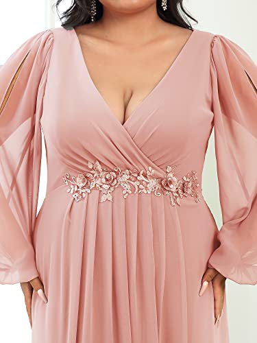 Ever-Pretty Plus Women's Plus Size A-line Long Slit Sleeves Bidesmaid Dress for Wedding Pink US26