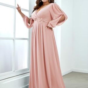 Ever-Pretty Plus Women's Plus Size A-line Long Slit Sleeves Bidesmaid Dress for Wedding Pink US26