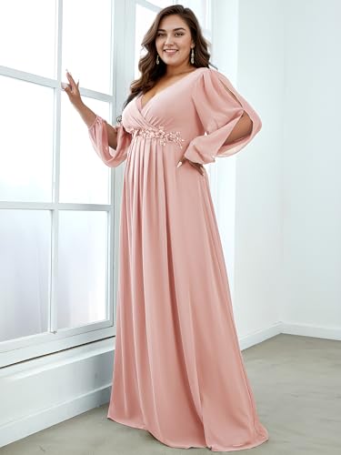 Ever-Pretty Plus Women's Plus Size A-line Long Slit Sleeves Bidesmaid Dress for Wedding Pink US26