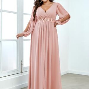 Ever-Pretty Plus Women's Plus Size A-line Long Slit Sleeves Bidesmaid Dress for Wedding Pink US26