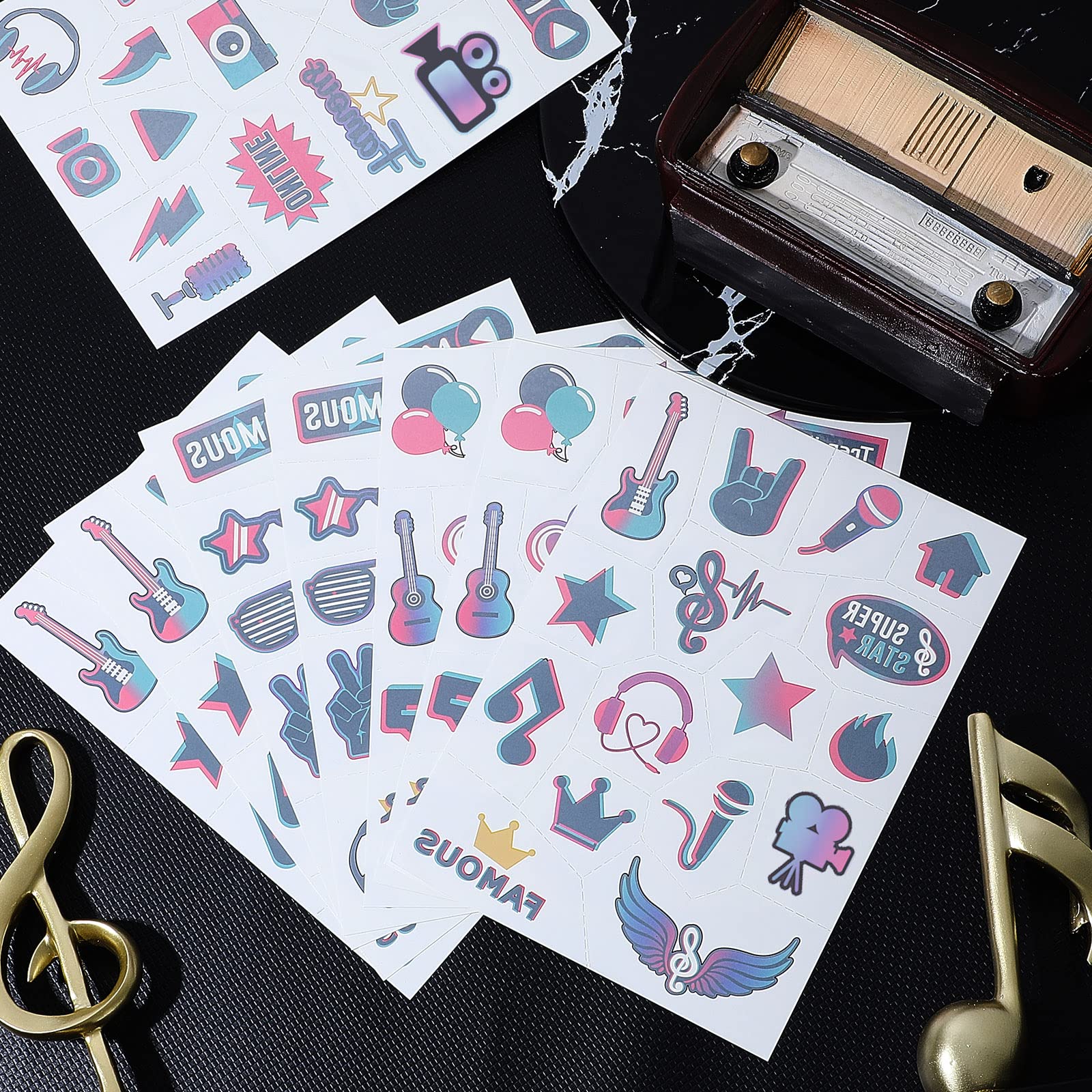 Maitys 288 Pcs Music Temporary Tattoos Stickers, Mixed Style Hand Wrist Body Art for Kids Disco Music Tattoo Stickers for Children Music Theme Party Supplies Decorations Boys Girls Birthday Gifts