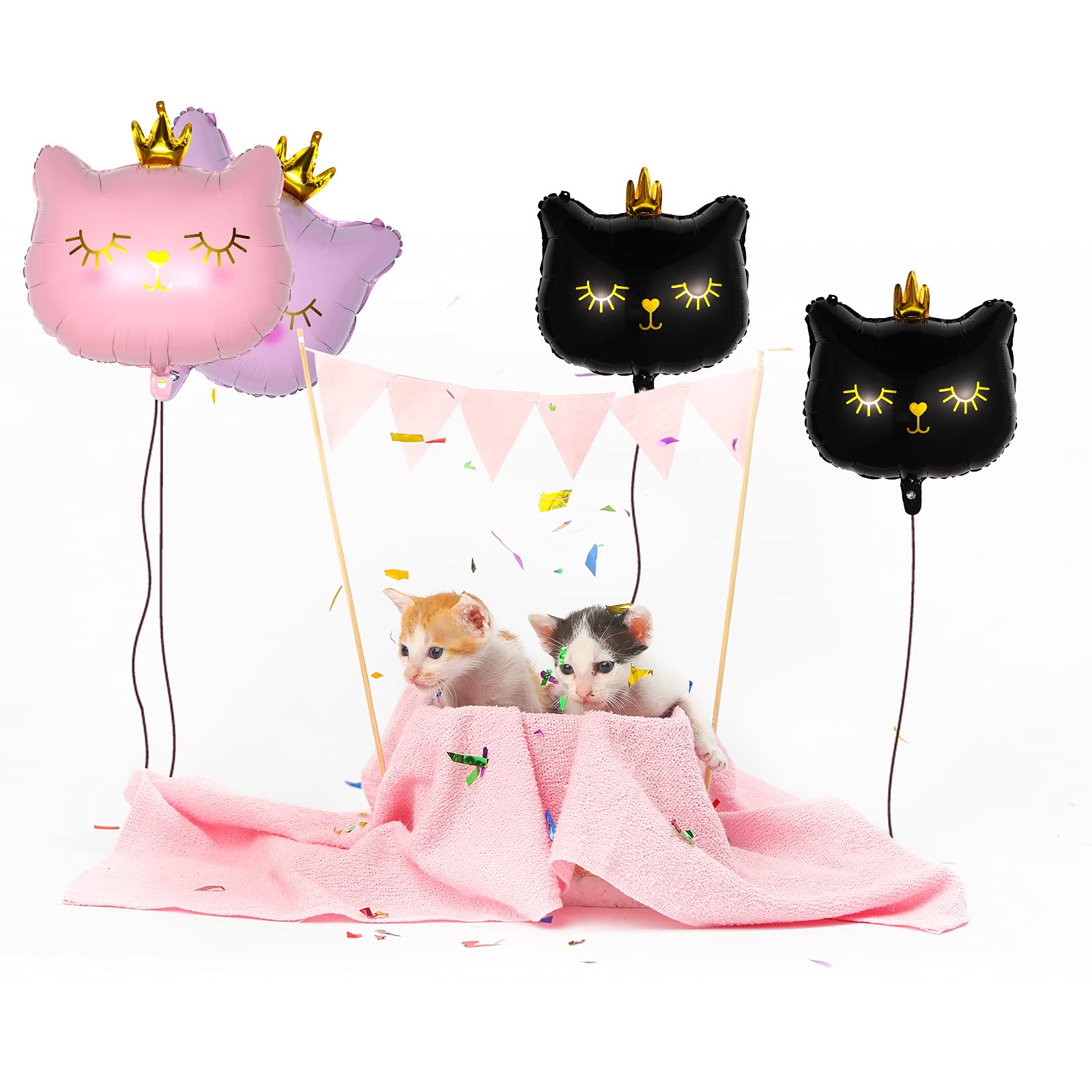 8 Pieces Crown Cat Foil Balloons Cute Kitty Cat Birthday Balloons Animal Balloons for Girls Kitten Pet Cat Birthday Party Supplies Decorations, Pink and Black (Cute Style, Small Size)