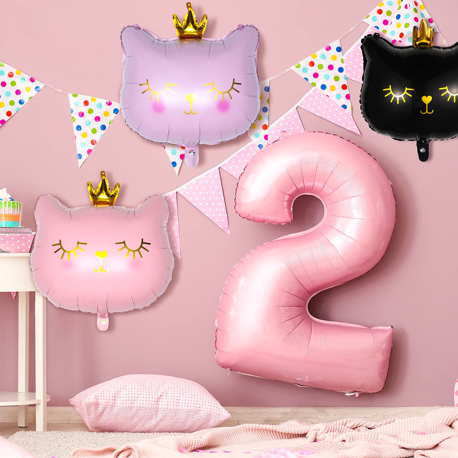 8 Pieces Crown Cat Foil Balloons Cute Kitty Cat Birthday Balloons Animal Balloons for Girls Kitten Pet Cat Birthday Party Supplies Decorations, Pink and Black (Cute Style, Small Size)