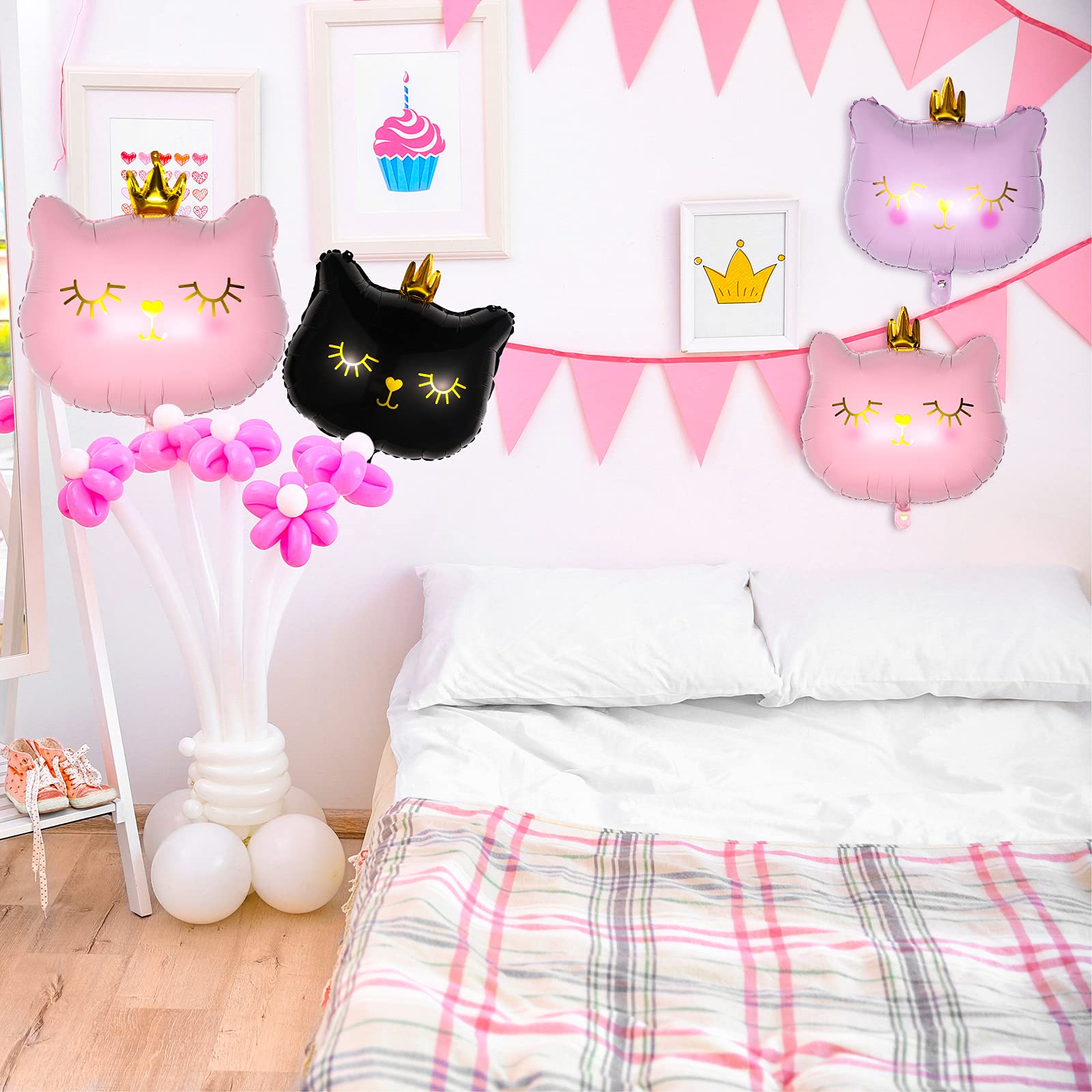 8 Pieces Crown Cat Foil Balloons Cute Kitty Cat Birthday Balloons Animal Balloons for Girls Kitten Pet Cat Birthday Party Supplies Decorations, Pink and Black (Cute Style, Small Size)