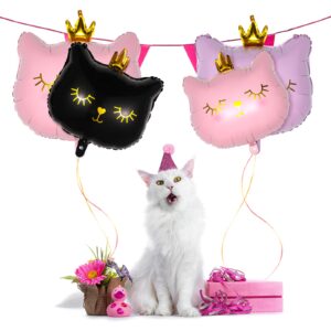 8 Pieces Crown Cat Foil Balloons Cute Kitty Cat Birthday Balloons Animal Balloons for Girls Kitten Pet Cat Birthday Party Supplies Decorations, Pink and Black (Cute Style, Small Size)