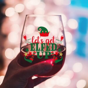 DYJYBMY Let's Get Elfed Up Christmas Wine Glass, Christmas New Year Gifts for Women, Funny Christmas Themed Wine Glass for Holiday Party Decorative, Gift Idea for Christmas Wedding Party