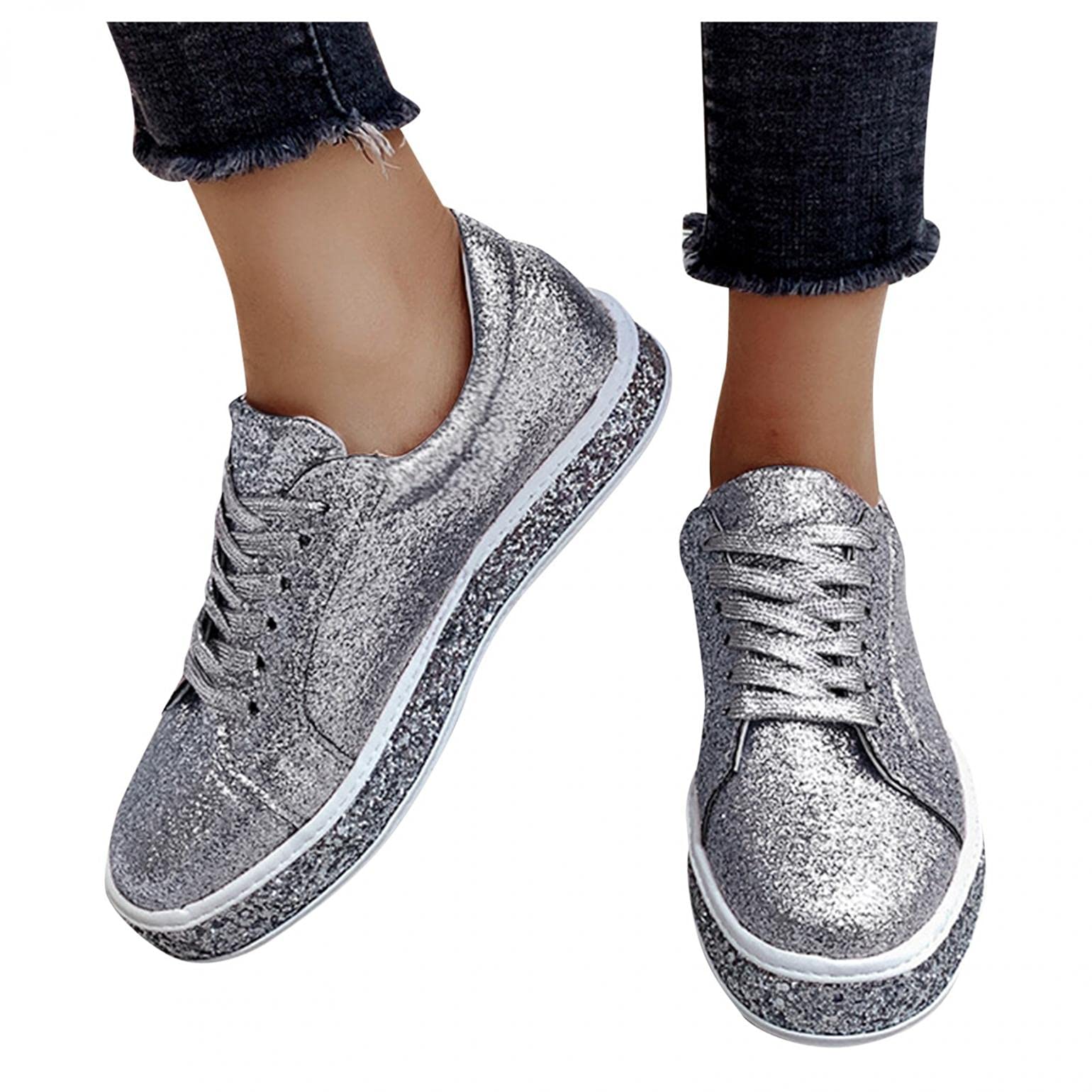 Hbeylia Platform Fashion Sneakers Glitter Sequin Lace Up Chunky Bottom Slip On Flats Walking Shoes Trendy Leather Fall Low Top Canvas Shoes for Women Ladies Bride Wedding Dress Party Decor Silver