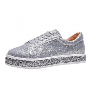 Hbeylia Platform Fashion Sneakers Glitter Sequin Lace Up Chunky Bottom Slip On Flats Walking Shoes Trendy Leather Fall Low Top Canvas Shoes for Women Ladies Bride Wedding Dress Party Decor Silver