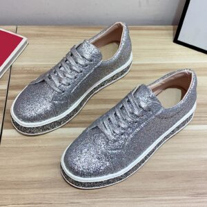 Hbeylia Platform Fashion Sneakers Glitter Sequin Lace Up Chunky Bottom Slip On Flats Walking Shoes Trendy Leather Fall Low Top Canvas Shoes for Women Ladies Bride Wedding Dress Party Decor Silver