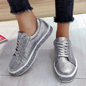 Hbeylia Platform Fashion Sneakers Glitter Sequin Lace Up Chunky Bottom Slip On Flats Walking Shoes Trendy Leather Fall Low Top Canvas Shoes for Women Ladies Bride Wedding Dress Party Decor Silver