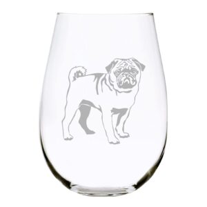pug (p1) themed, dog stemless wine glass, 17 oz.